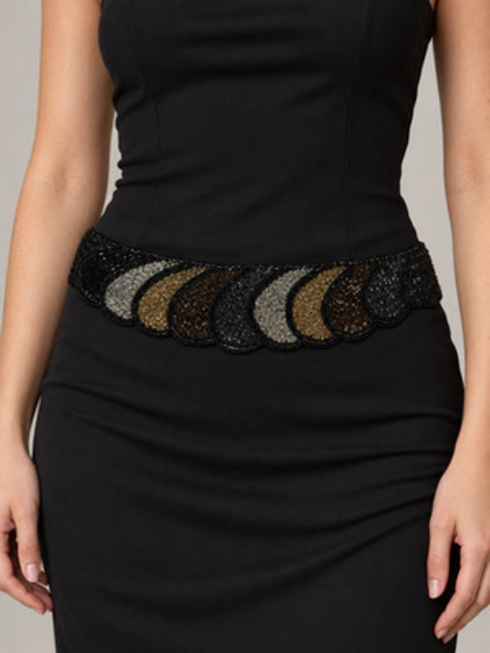 De Lile Black Gold Silver Beaded Scalloped Handmade Fabric Waist Belt